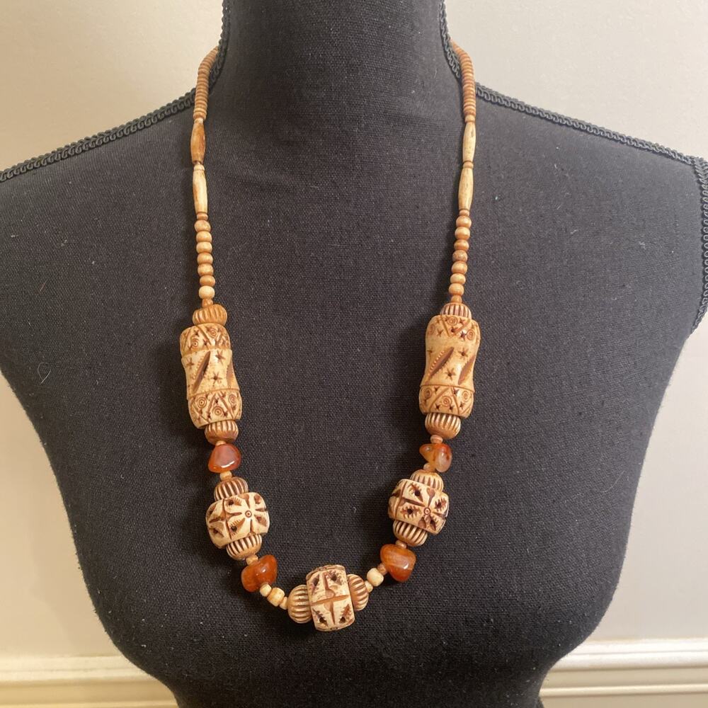 Long Faux Hand Carved African Animal Beaded Necklace Stone Chunky Statement